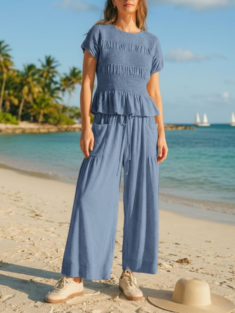 NWT Size XXL Smocked Short-Sleeve Top & Wide-Leg Pants Set - Blue - Picture 2 of 5